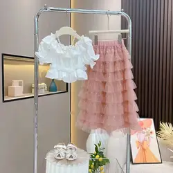New Baby Girls Teenage Fashion Summer Sets,  Ruffles Top+ Mesh Cake Skrits    4-12T