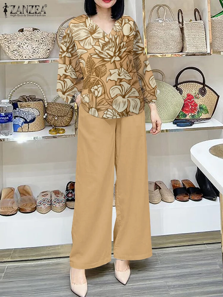 ZANZEA-chándal estampado para mujer, conjuntos de pantalones, 2 uds., blusa de manga larga a la moda, pantalones, traje, conjuntos elegantes a juego para trabajo, otoño 2024