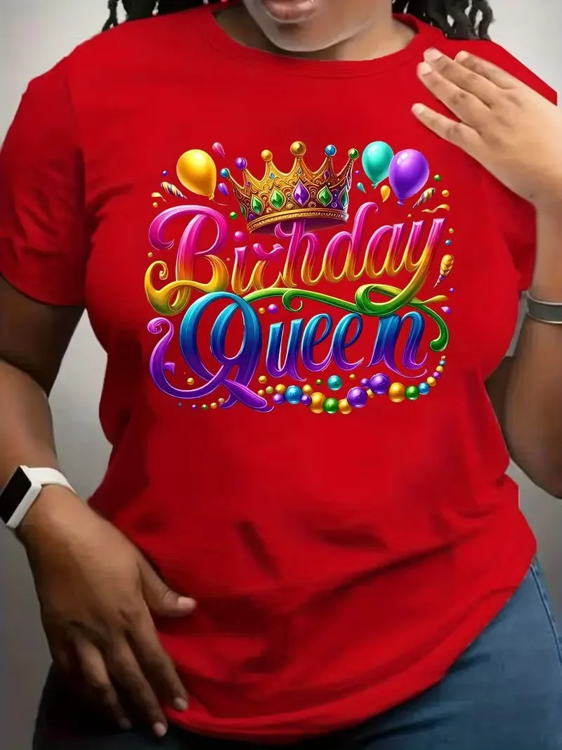 

Funny Birthday Queen Crown Pattern Women's Short sleeved T-shirt Fashion Casual Breathable Holiday Party Loose Women's Clothing