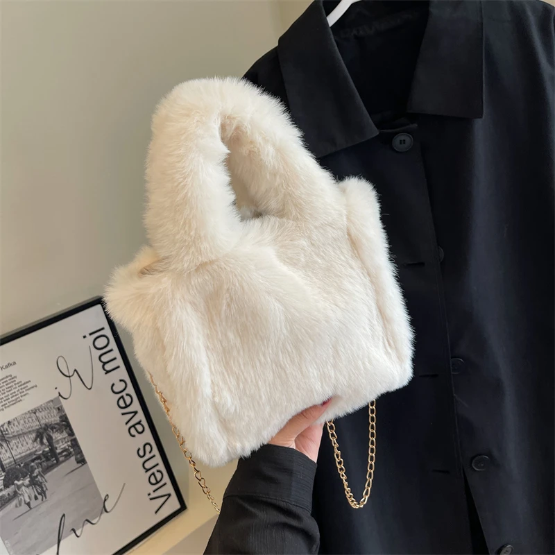Winter Cute Rabbit Ear Faux Fur Bucket Bag Soft Fluffy Plush Chain Crossbody Handbag Fashion Daily Mini Shoulder Purse Сумка