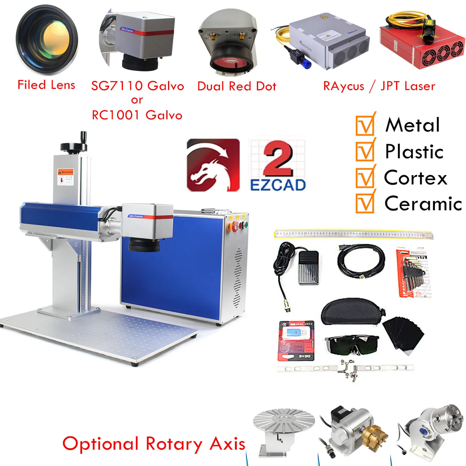 

Lightburn EZCAD 2 Fiber Laser Marking Machine with SG7110 Galvo,20W 30W 50W JPT LP / Raycus Metal Engraving PVC Plastic Steel