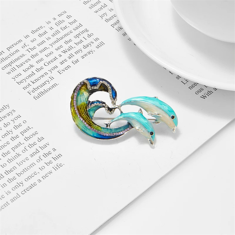 YAOLOGE Cartoon Enamel Dolphin Wave Brooches For Women Alloy Sea Animals Pins Party Office Badge Casual Jewelry Accessories Gift