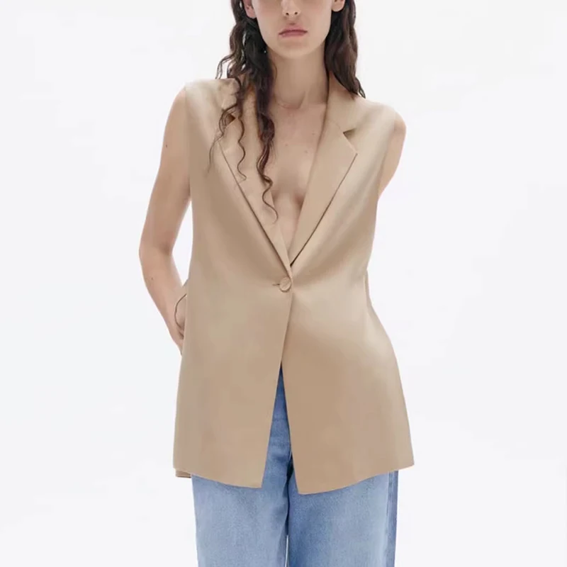 Gilet de costume Svel pour femmes, mi-long, un bouton, en Fiber de Polyester, Design Z, Design fendu, été 2025