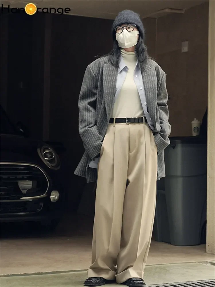 HanOrange 2026 Spring Simple High Waist Wide Leg Pants Women Loose Casual Trousers Female Black/Light Khaki