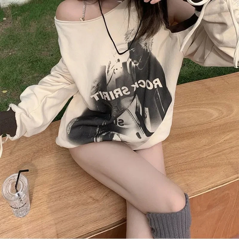 MEXZT Y2K Off Shoulder Hoodies Women Streetwear Oversized Print Sweatshirt Vintage Hollow Out Bandage Drawstring Pullovers Tops