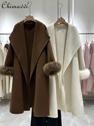 High-End Reversible Cashmere Coat Women Autumn Winter Fashion Large Lapel Slim Long Cuff Fox Fur Elegant Commute Woolen Coat