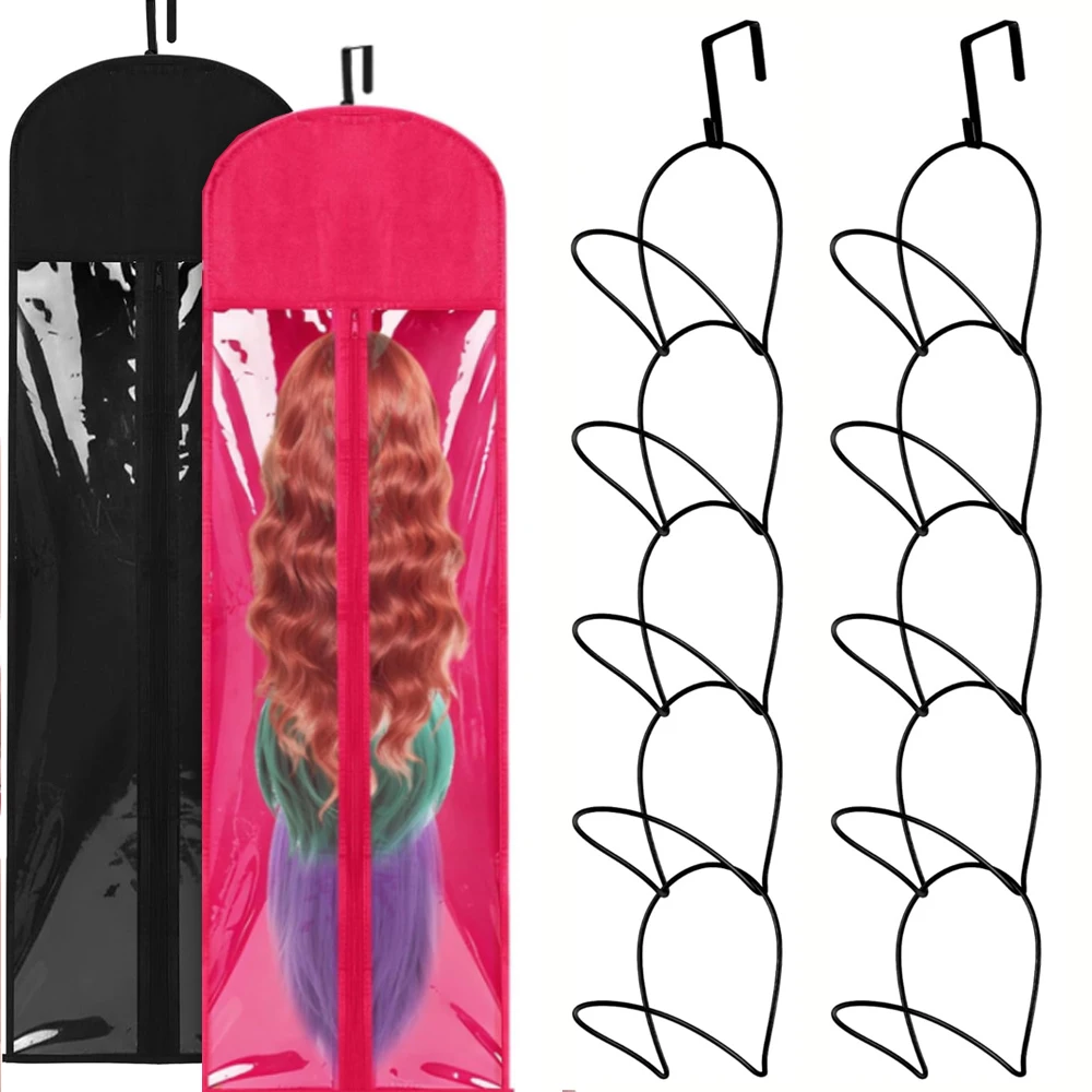 Wig Hangers Rack for Multiple Wigs with Dust-proof Storage Bags, Hanging Storage Organizer for Hat for Door