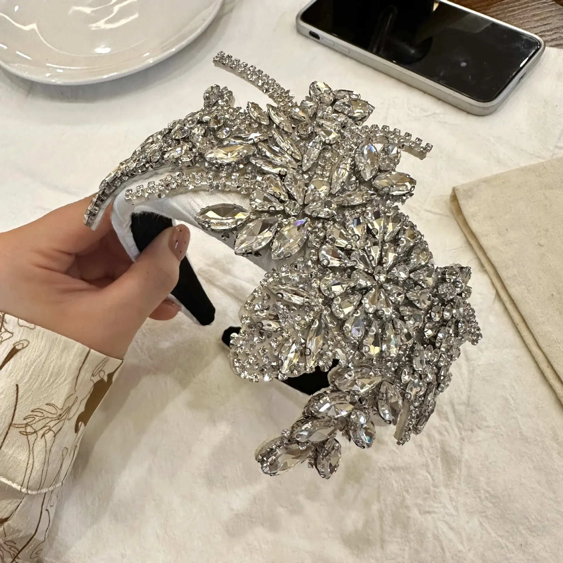 Crystal Bead Headband Sparkly Rhinestone Leaf Hairband Wedding Party Prom Handmade Flower Headpiece for Women and Girls
