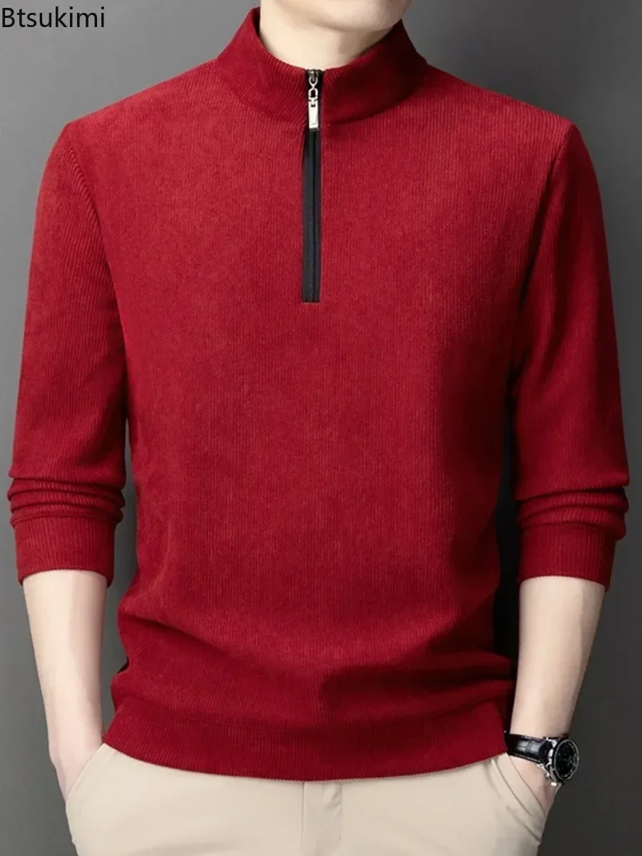 New Men's Warm Hoodies Fashion Plus Velvet Thickened Half Zip Stand Collar Pullovers Casual Solid Thermal Bottoming Tops for Men