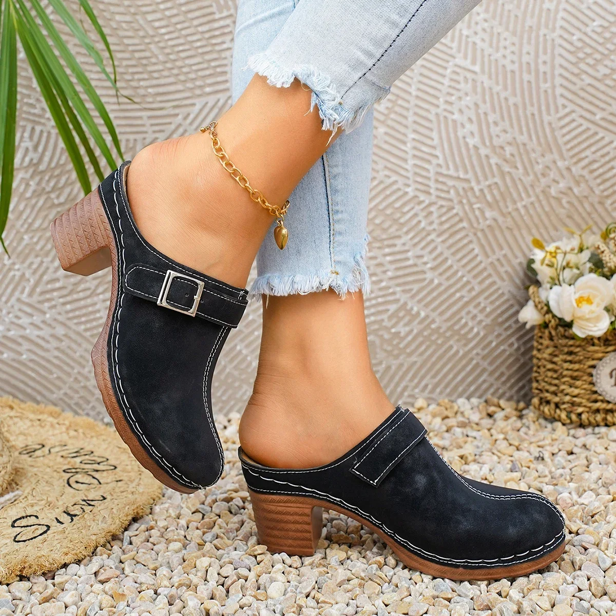 Damen Mules Pantoletten mit hohem Blockabsatz, geschlossene Zehenpartie, zum Hineinschlüpfen, Vintage, Sommer, lässig, bequeme Gehschuhe, Größe 36-43 – Detail 4