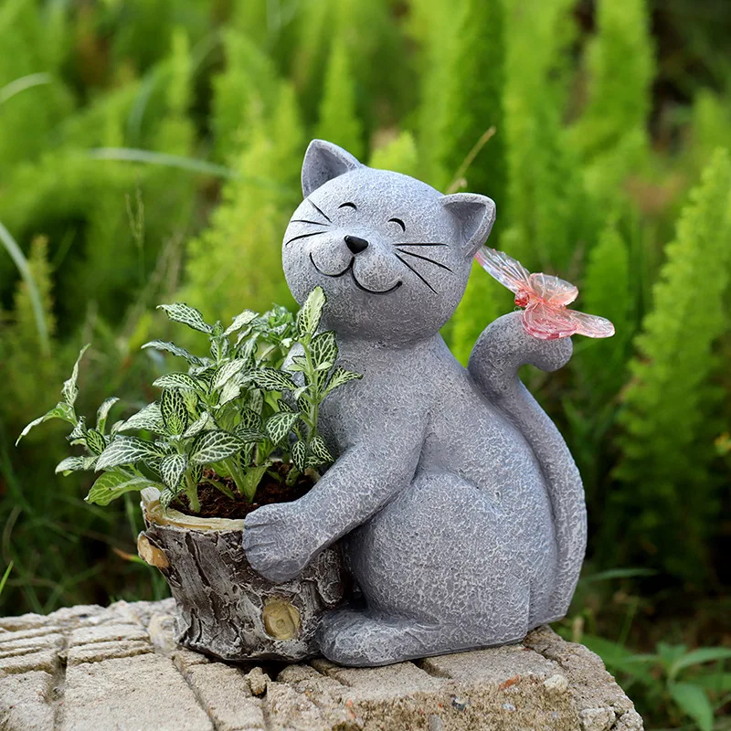 

Solar Creative Garden Simulation Cat Flowerpot Resin Ornaments Balcony Garden Lawn Animal Decoration Landscape Lights Model Gift