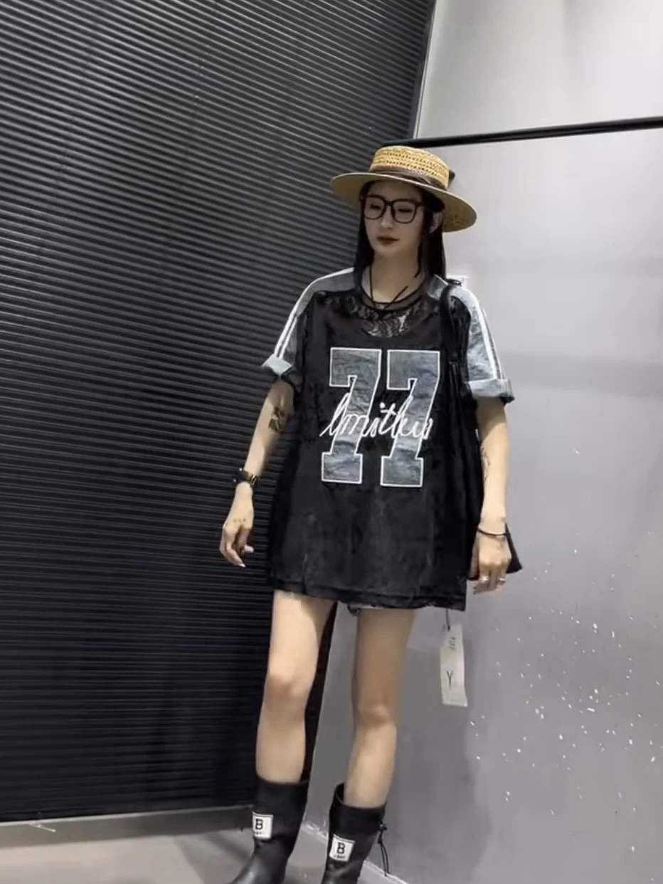 

Summer New Lace Splicing Loose Short Sleeve Top And Drawstring Shorts Women's Fashion Set Cotton Blend Polyester Fabric