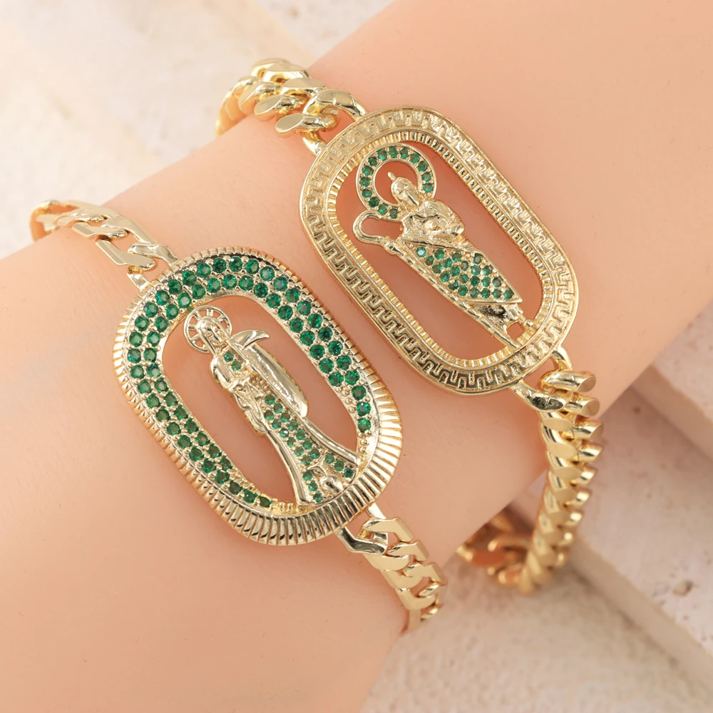 Ruixi Jewelry Customized Religious Christian Gold-plated Green Zircon Virgin Mary St. Jude Bracelet Holy Death Bracelet