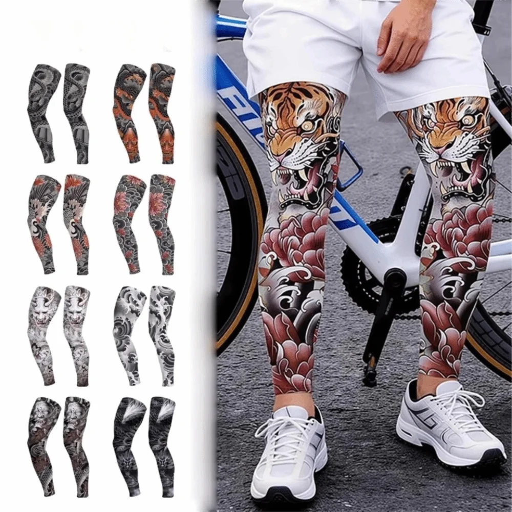 1 Paar Eisseiden-Fahrrad-Beinmanschetten, rutschfeste, elastische Knieschoner, atmungsaktive Tattoo-Print-Laufbeinabdeckungen