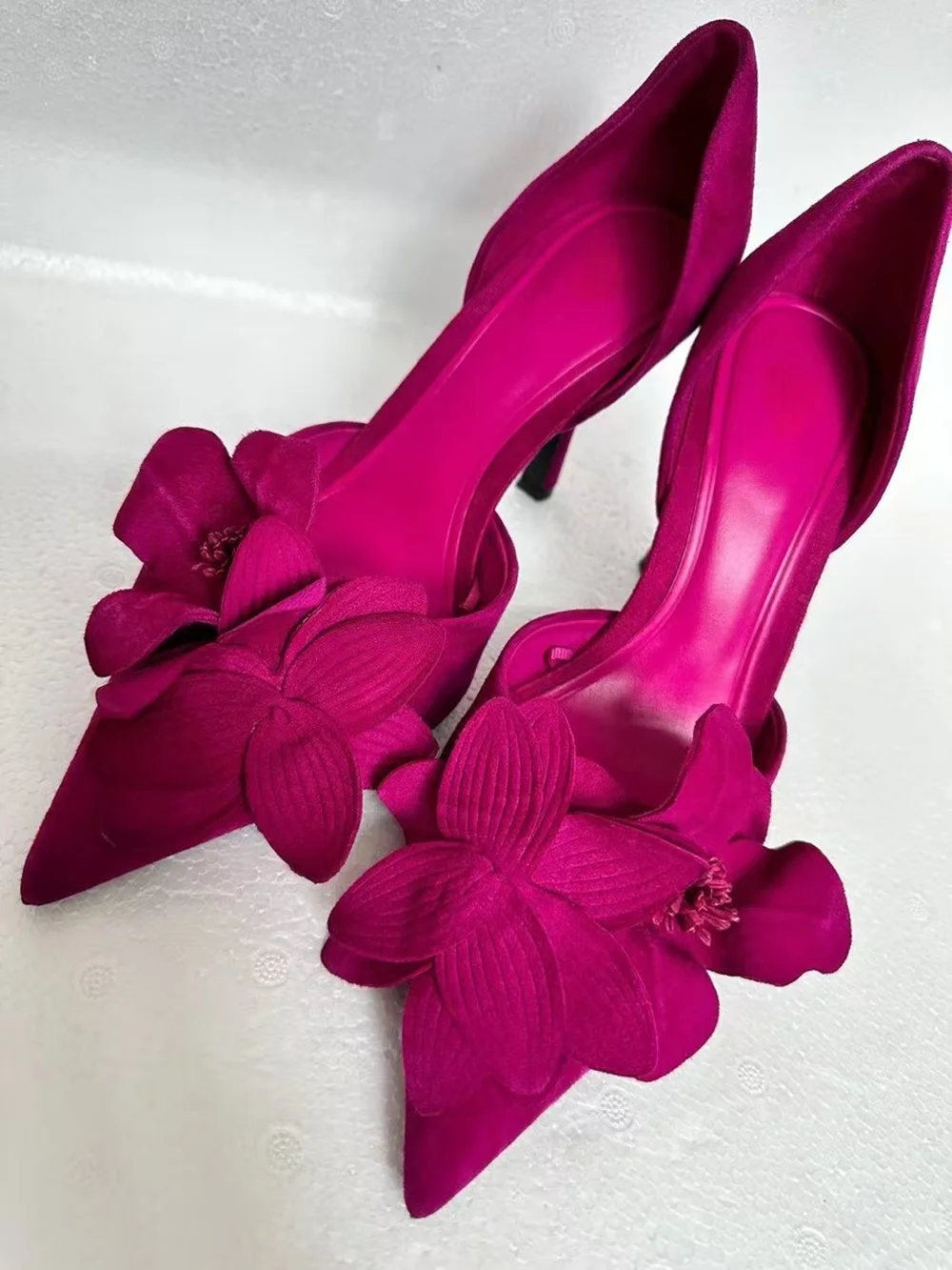 

Magenta Stiletto Heel Suede Pointed-Toe Heels Custom 3D Floral Decorations Luxe Fabric Elegant Lady Evening Formal Looks