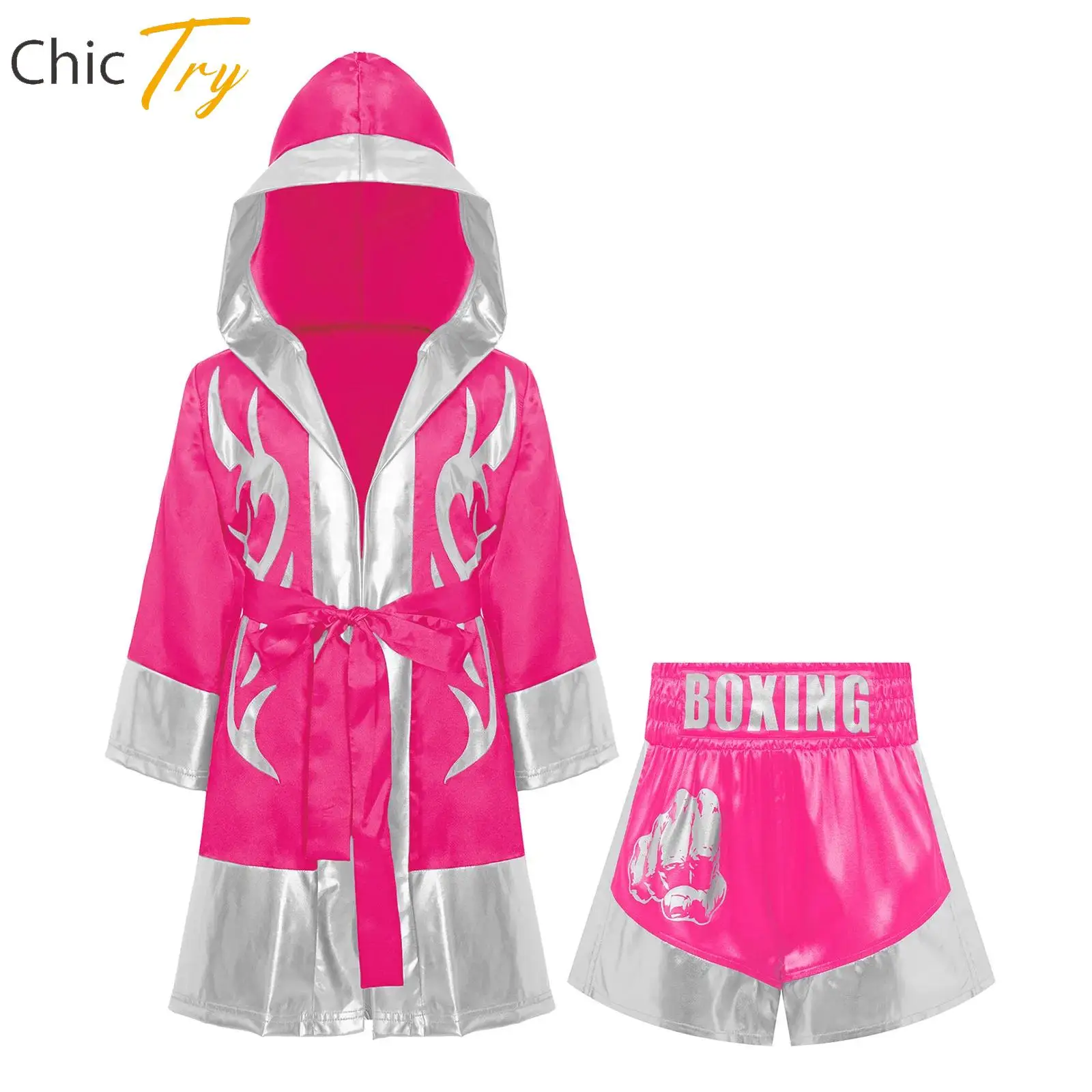

Children Boys Boxing Robe Training Outfit Boxer Cosplay Costumes Hooded Boxer Robe+Belt+Satin Shorts Set for Halloween Party