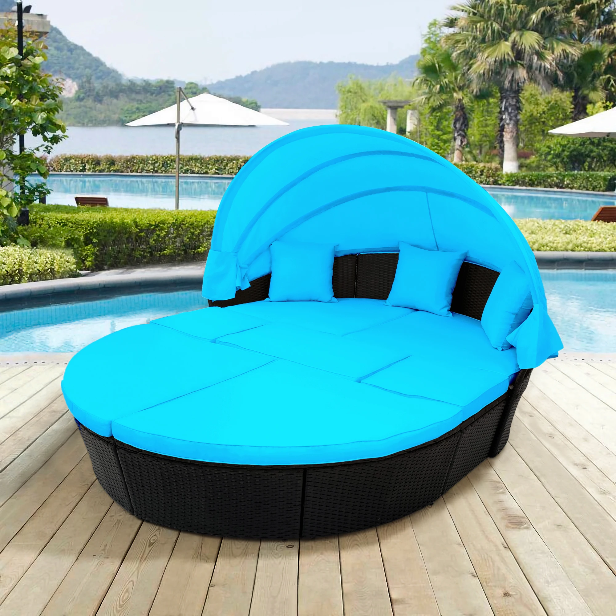Outdoor Rattan Daybed Sunbed W/Retractable Canopy Round Sectional Sofa Set Black Wicker Furniture Clamshell Seating[US-Stock]