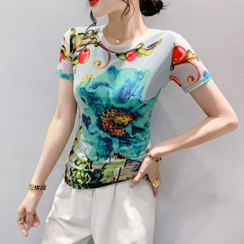 #5422 3d Print Tshirt Women Short Sleeve Summer Vintage T-shirt Thin Sexy Elastic Women\'s T-shirt Floral Short Women\'s Tee Shirt