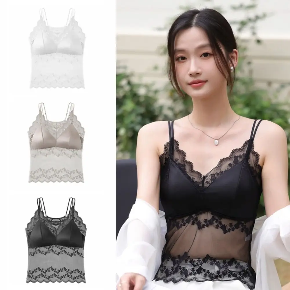 Camisola de encaje transparente de malla dulce, Tops cortos finos de encaje con tirantes, camiseta interior sin mangas, chaleco con tirantes para primavera y verano