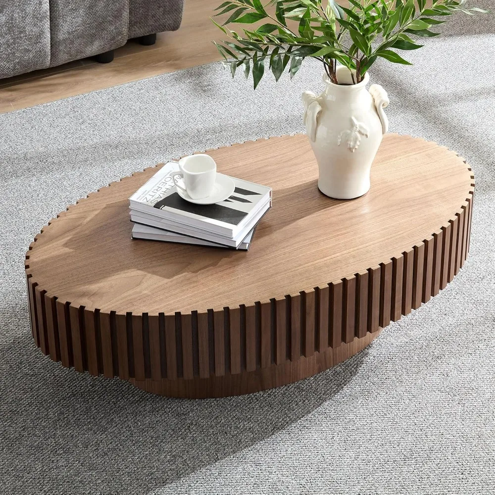 

Walnut Oval Coffee Table Modern Wood Coffee Table for Living Room, Contemporary Circle Fluted Drum Coffee Table, Easy