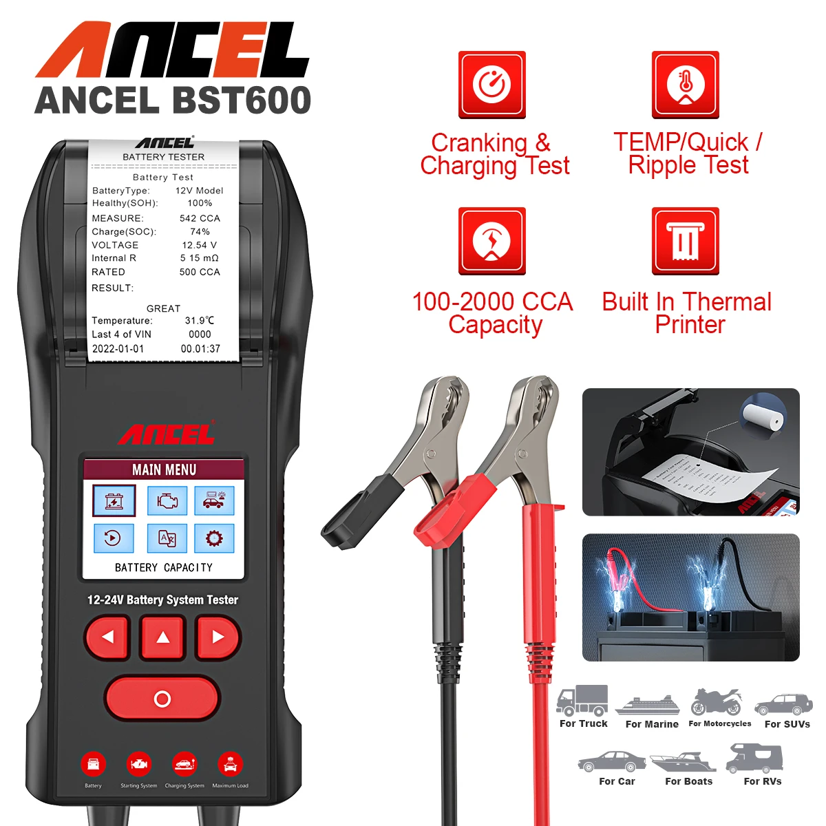 

ANCEL BST600 Car Battery Tester with Cranking Charging System Printer 12V/24V 100-2000CCA Battery Temperature Load Testing Tool
