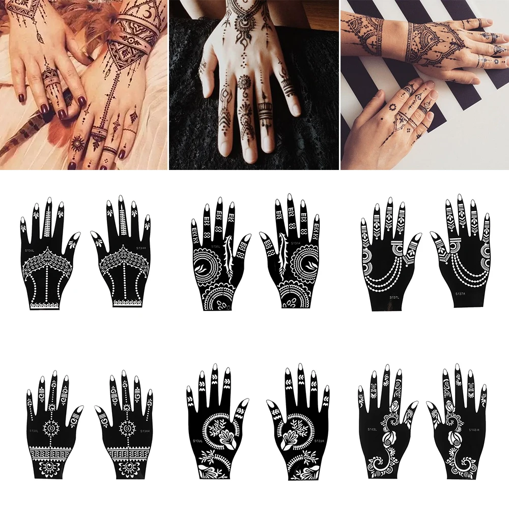 1 Pair Hollow Out Henna Template Sticker Tattoo Stencils DIY Body Art Temporary Beauty Hand Decal Wedding Painting Makeup Tools