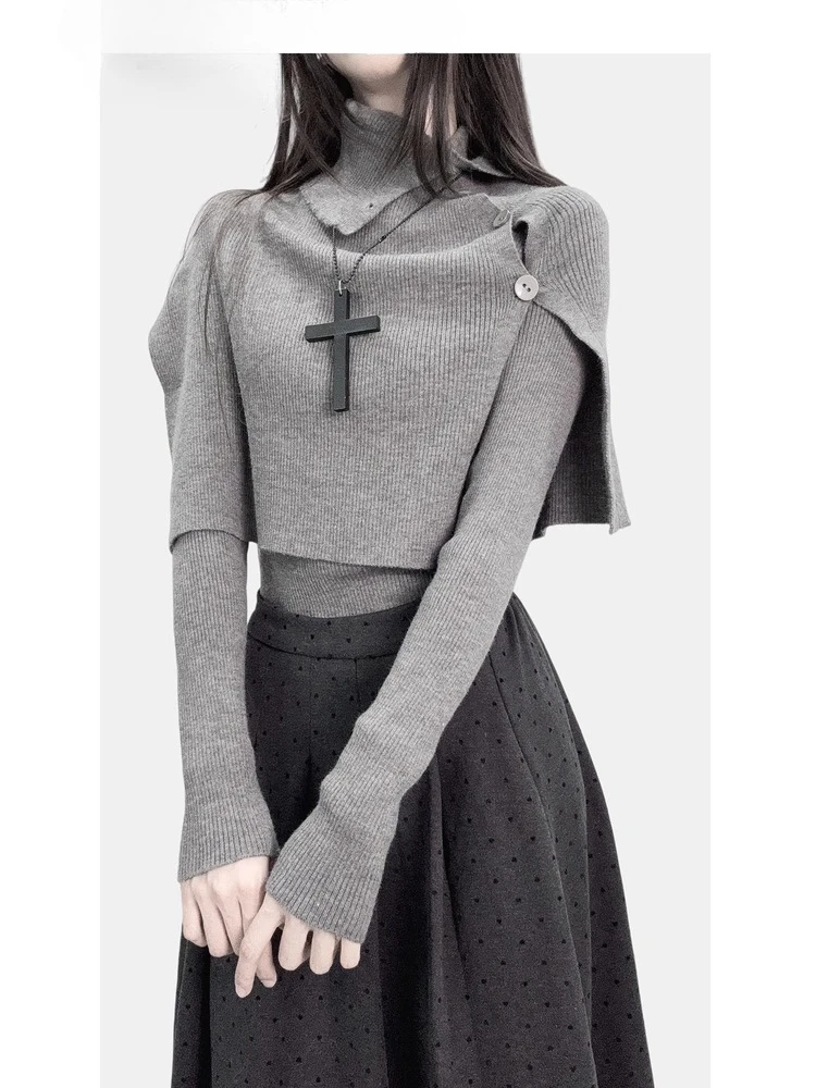 Vintage Subculture Sweater Casual Women Long Sleeve Turtleneck Knitted Pullover + Shawl Two Piece Set Y2K Clothing Antumn