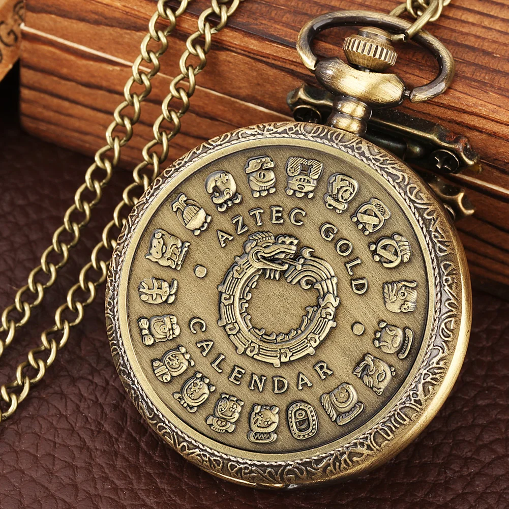 Bronze Mexican Maya Aztec Calendar Art Prophecy Culture Gold Plated Coin Quartz Pocket Watch with 80cm Necklace/38cm Waist Chain