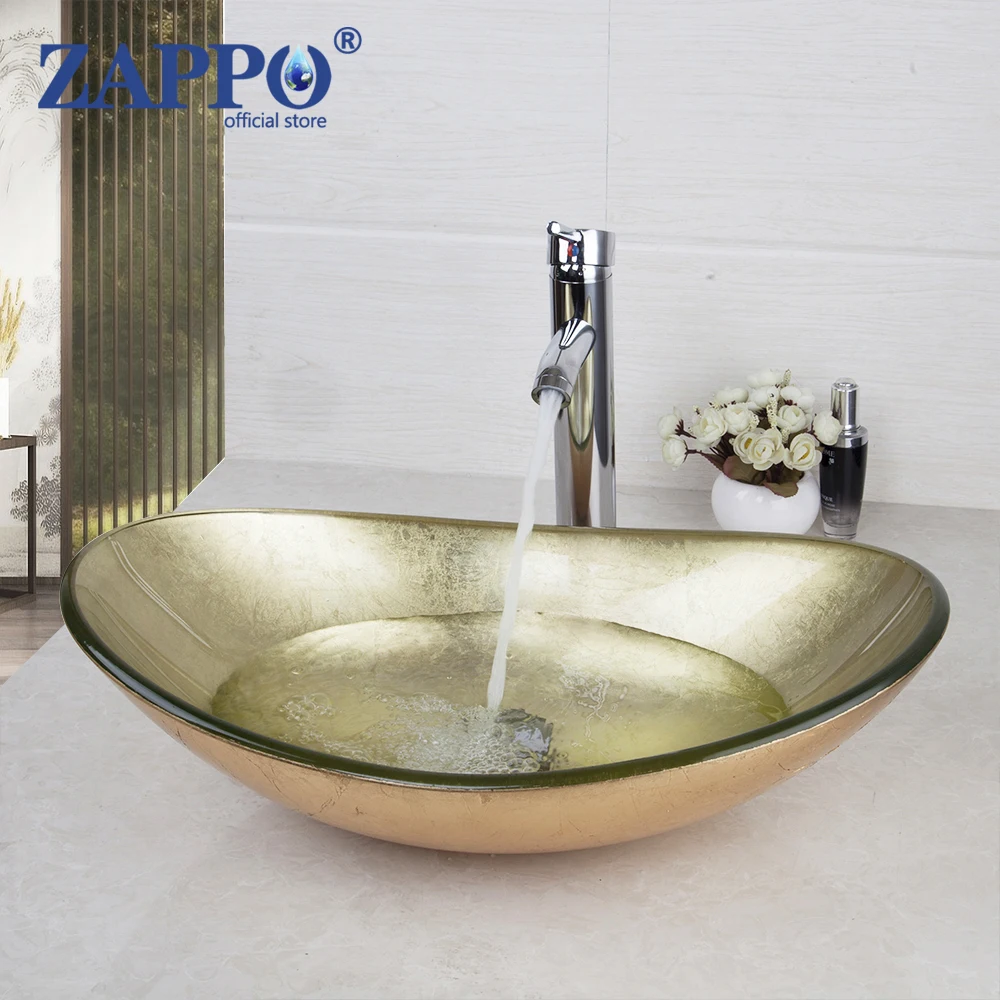 

ZAPPO Bathroom Tempered Glass Washbasin Yellow Basin Veseel Sink Faucet Combo Oval Shape Basin Set w/Hot Cold Faucets Mixer