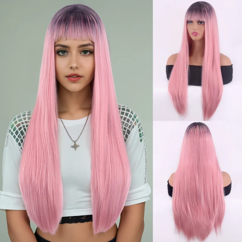 Full-head wig long, loose straight hair in a pink-black gradient color with bangs, suitable for daily use