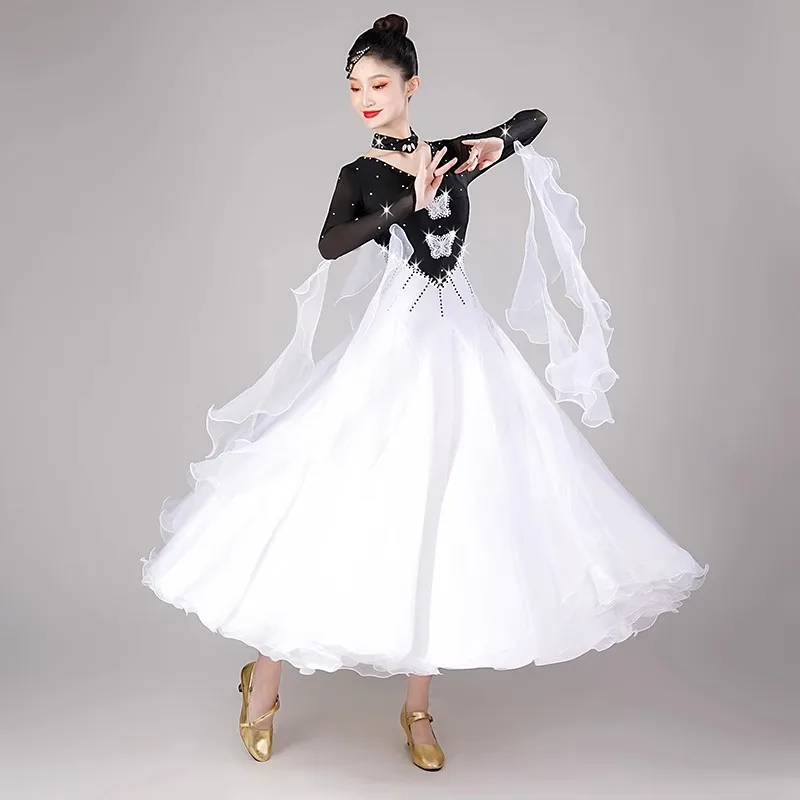 여성용 볼룸 댄스 드레스 공연용 모던 댄스 의상 긴 소매 빅 스윙 탱고 왈츠 표준 의류