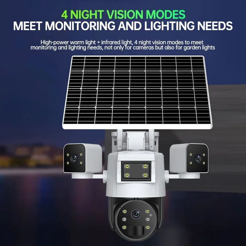 Rscamtom Dual Panel Solar Outdoor Camera 4G Sim Card Triple Lens 360 Degree Motion Detection Night Vision Full Color CCTV Camera