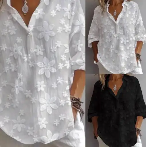 قميص الربيع والخريف بسيط كاجوال بلون سادة ورقبة على شكل حرف V وأكمام قصيرة للنساء