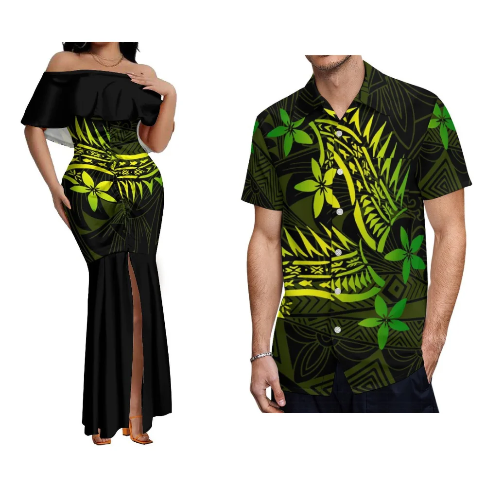 Conjunto de ropa con estampado de arte polinesiano para mujer, vestido de un hombro con estampado Floral Hawaiano, camisa para hombre, ocasión Formal, conjunto de parejas de samoana