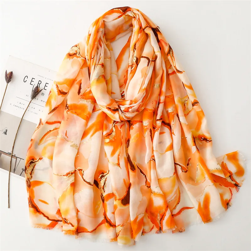 Luxury scarves for women autumn spring vintage design long purple orange green blue floral neck scarf beach wrap hijab scarves