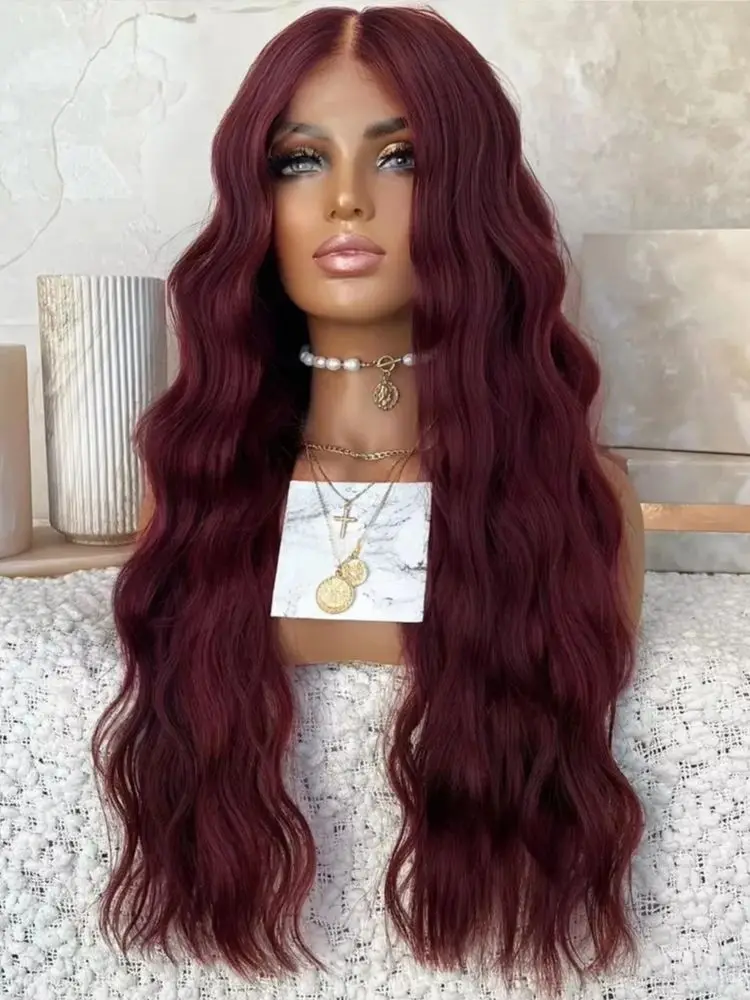 Parrucca anteriore in pizzo sintetico per capelli Parrucche in pizzo a onde profonde sciolte rosso bordeaux per le donne Capelli da festa cosplay senza colla in fibra resistente al calore