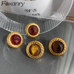 Foxanry Prevent Allergy Round Tiger Eye Stud Earrings For Women Girls Vintage Elegant Classic Simple Wedding Bride Jewelry Gifts