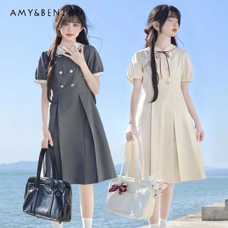 

2024 New Japanese Original Jk Uniform Summer Lotus Leaf Collar Gray Apricot Waist Thin Pleated Sweet Versatile Dress For Girls