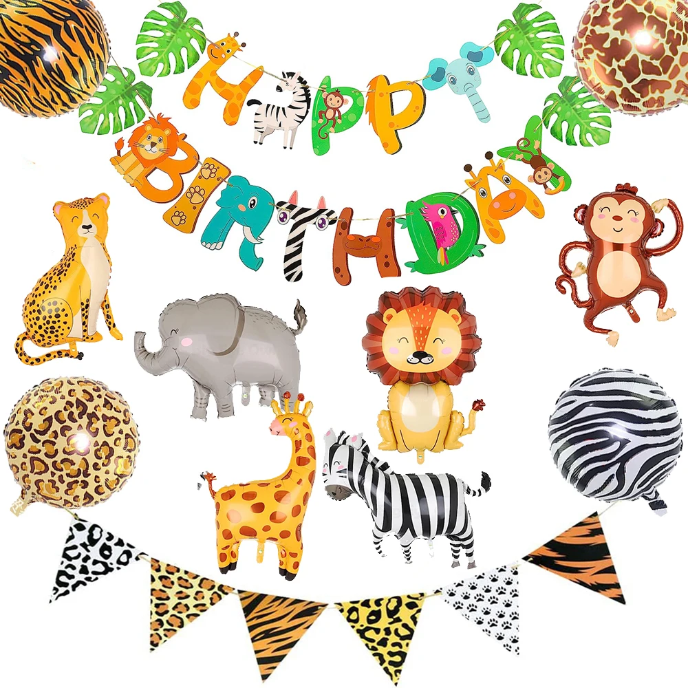 Safari Animals Happy Birthday Banner Pennant Foil Animal Balloons for Kids Jungle Safari Zoo Theme Party Decoration Supplies Toy