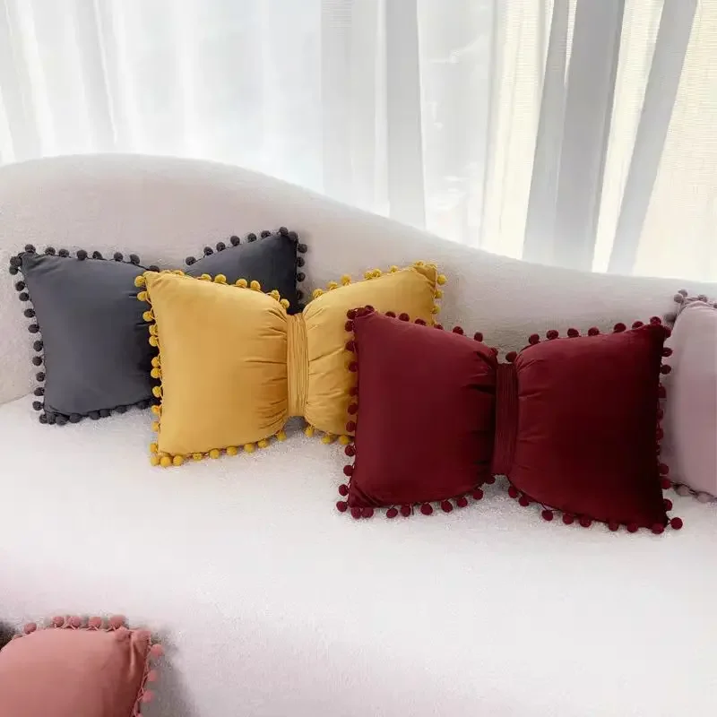 Velvet Bows Pillow Pompom Cushion Cover Decorative Pillows Throw Pillowcase Solid Colors Bow Cushions Cover Home Sofa Seat Decor