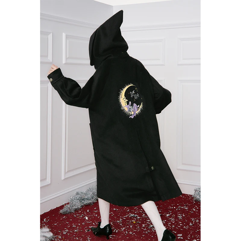 ELFSACK Women Long Wool Coat 2025 Winter Witch Hood Lantern Sleeve Gothic Casual Office Outerwear