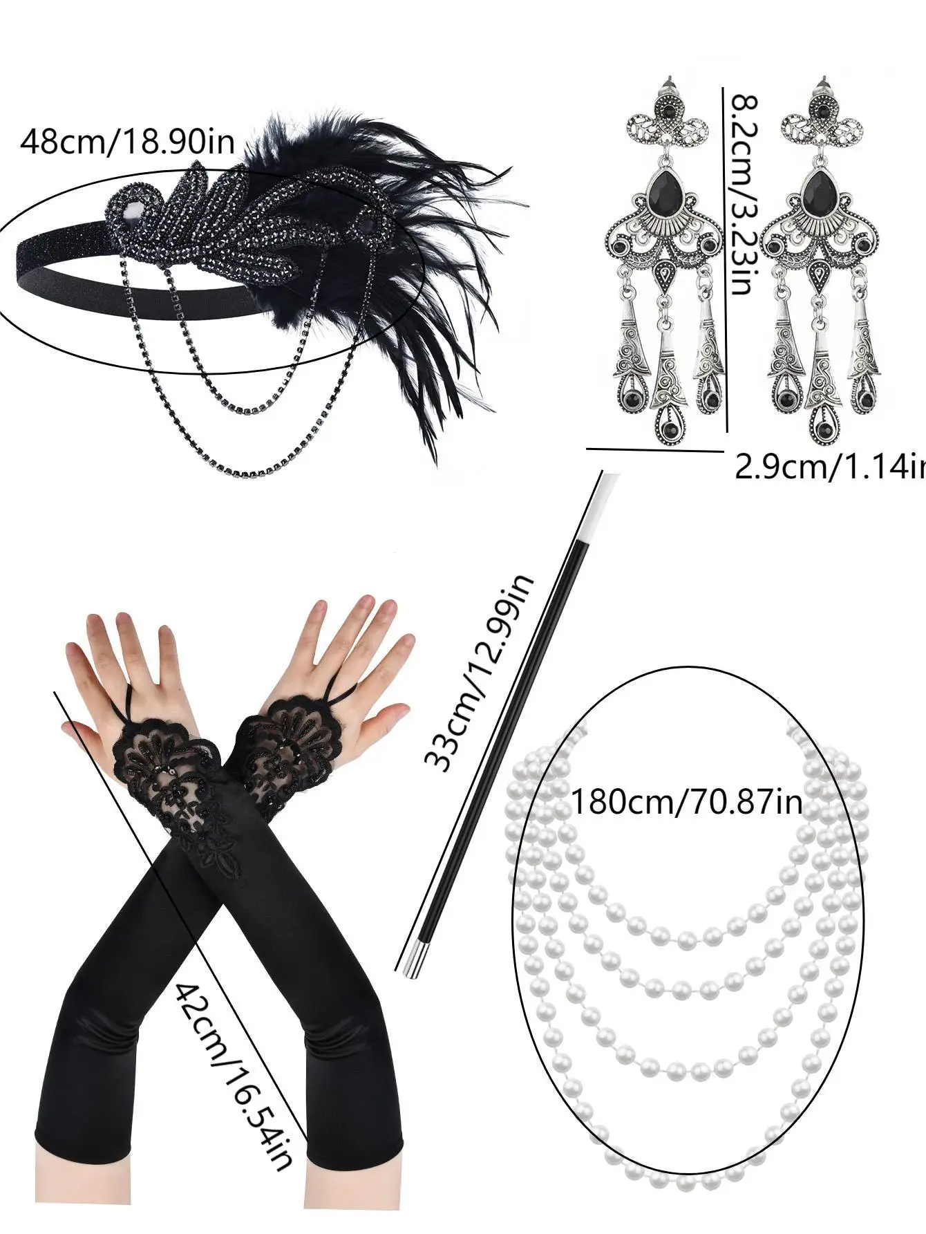 5 pezzi anni \'20 accessori per abiti flapper puntelli per feste retrò GATSBY CHARLESTON fascia per capelli collana di perle fascia di piume per