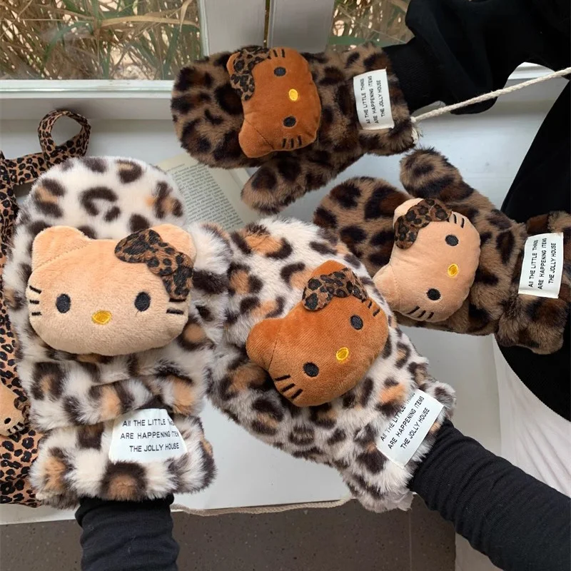 Hello Kitty Leopard Print Plush Gloves Neck Scarf Kawaii KT Cat Thick Mittens Cold-Proof Warm Glove Autumn Winter Holiday Gift