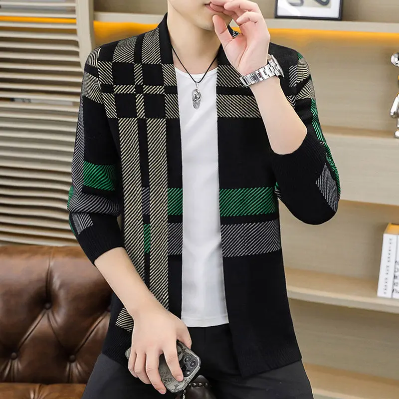 

Осенний вязаный свитер с v-образным вырезом, кардиган, мужской молодежный модный повседневный универсальный полосатый верхняя одежда, теплый топ с геометрическим узором