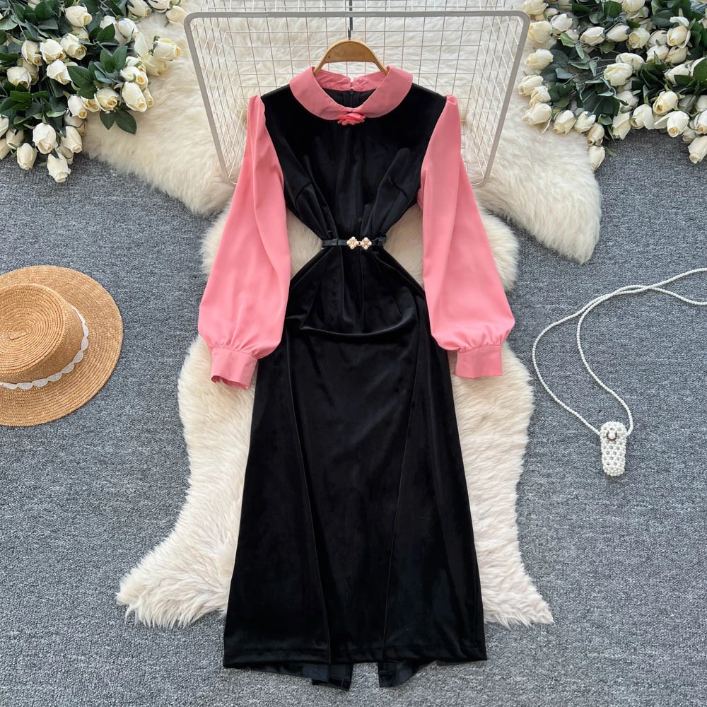 Chic vintage à manches longues faux deux pièces velours élégant fée mode coréenne automne femmes vêtements robe longue