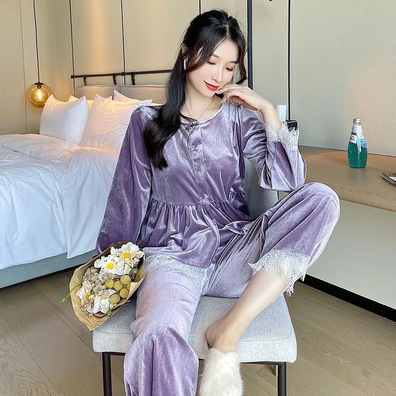 Autumn Winter Velvet Nightwear Pyjama Femme Trouser Suit Sleepwear Set Velour Pajamas Female 2PCS Sexy V-Neck Lace Homewear