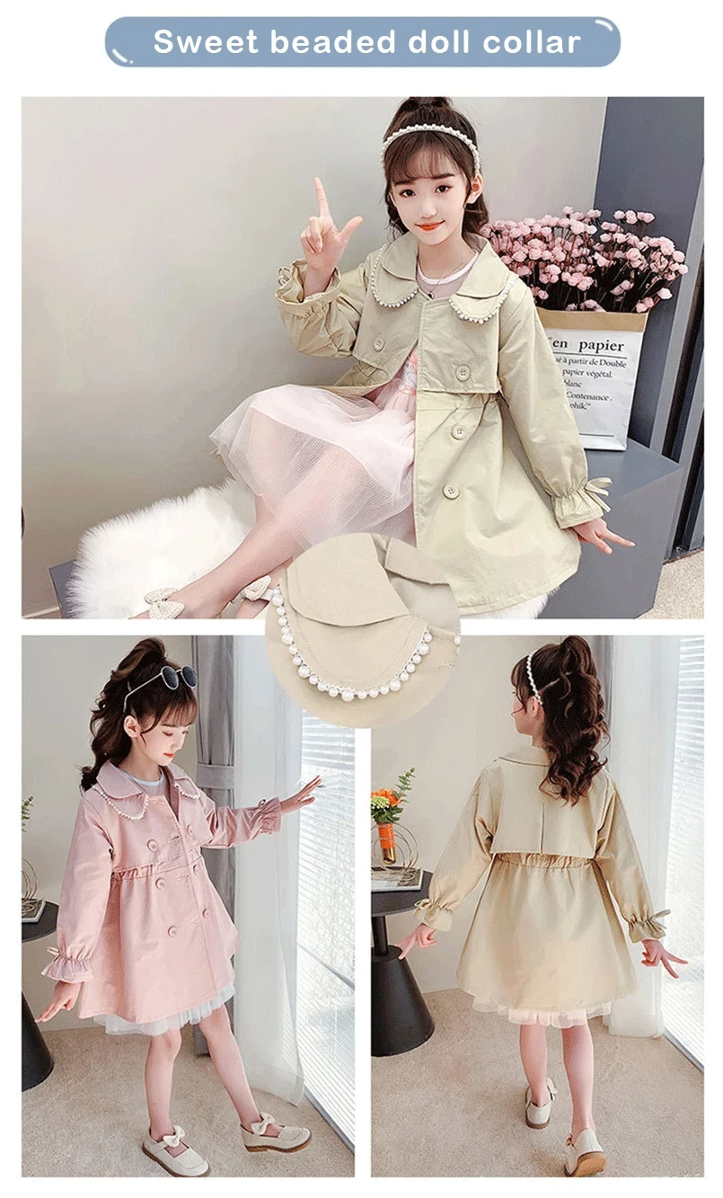 2024 frühling Herbst Neue Ankunft Mode Koreanischen Stil Mädchen Graben Mantel kinder Oberbekleidung Lange Windschutz Jacke Für Mädchen 4-12Y – Detail 5