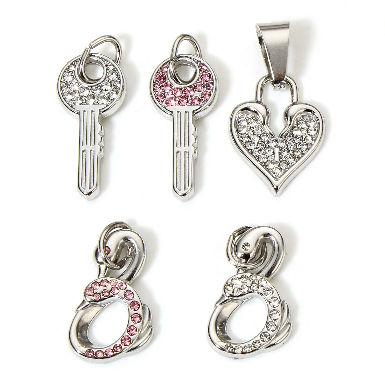1 Stück 304 Edelstahl Herz Schwan Charms Strass Schloss Schlüssel Anhänger für Schmuckherstellung Diy Halskette Armband Zubehör – Detail 2