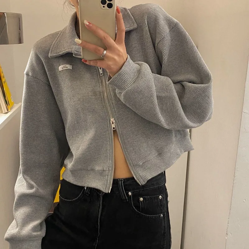 

Crops Sweatshirts Women Autumn High Street Harajuku Fashion Casual Zipper Chic Female College Coats Ulzzang Minimalist Simple