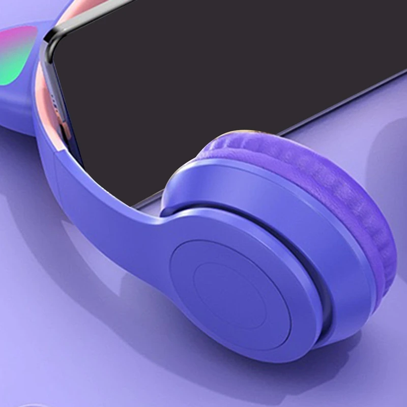 سماعات بلوتوث للأذن على شكل قطة للأطفال، وضع لاسلكي قابل للطي مع ميكروفون، ضوء RGB LED للألعاب المدرسية هدية